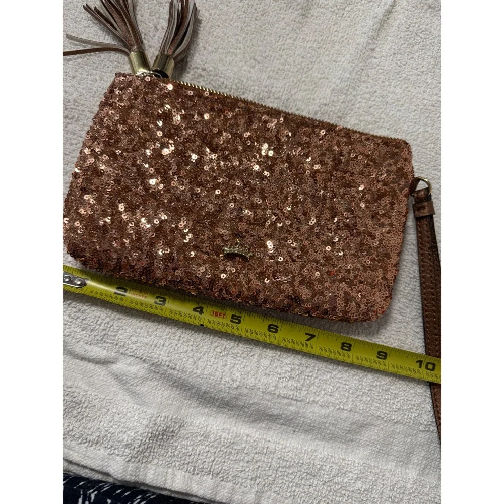 Juicy Couture Sequin Wristlet Women OS Rose Gold Tassel Dual Zip Clutch Bag
